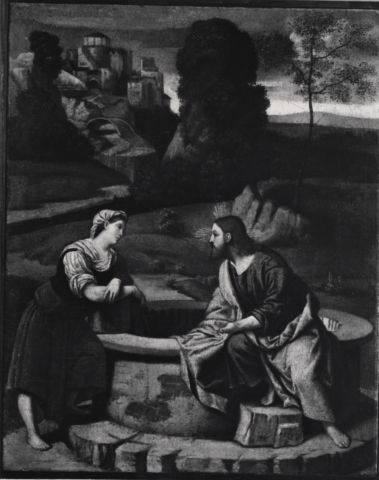 Anonimo — Bonvicino Alessandro - bottega - sec. XVI - Cristo e la Samaritana al pozzo — insieme